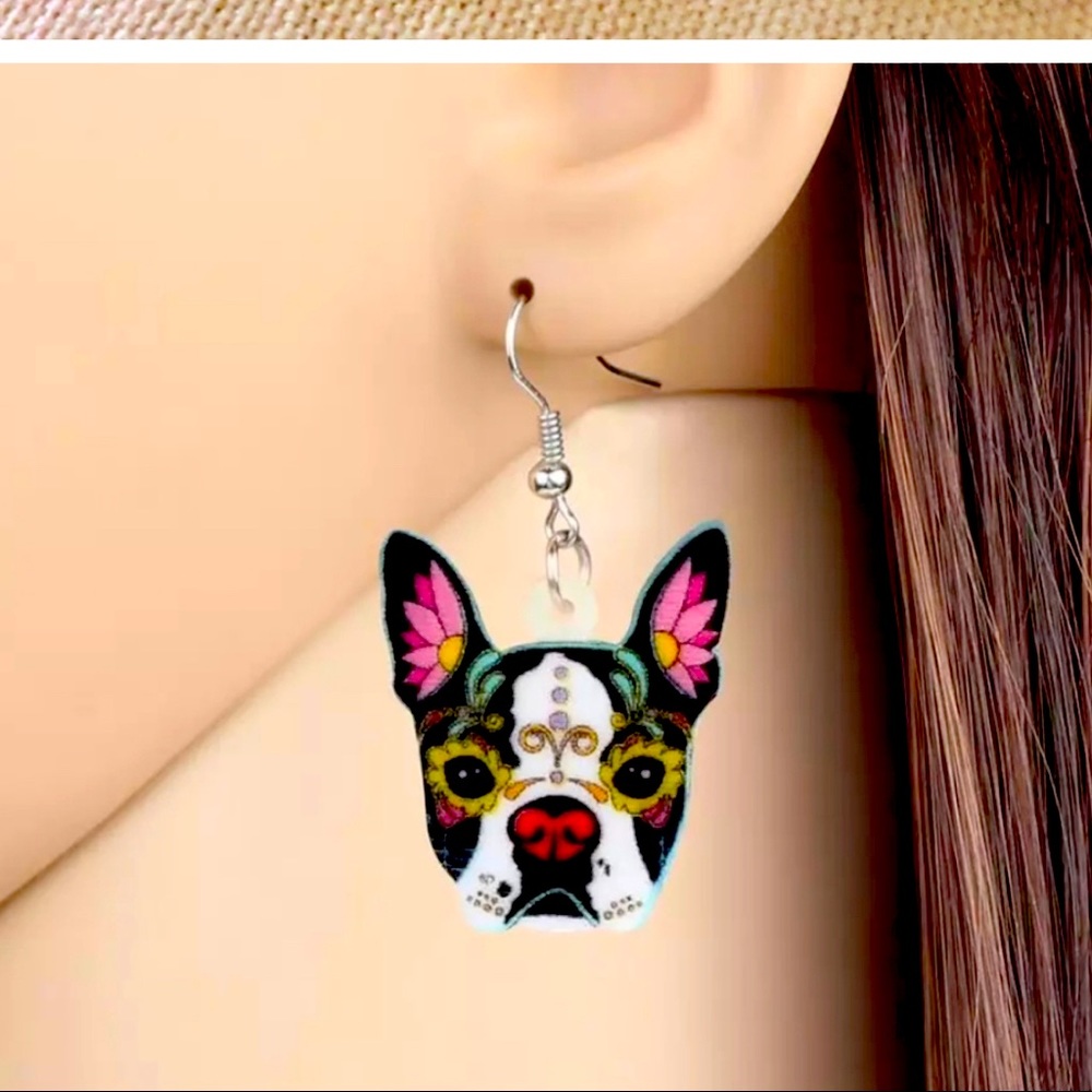 French Bulldog Earrings Frenchie Dog Floral Flower